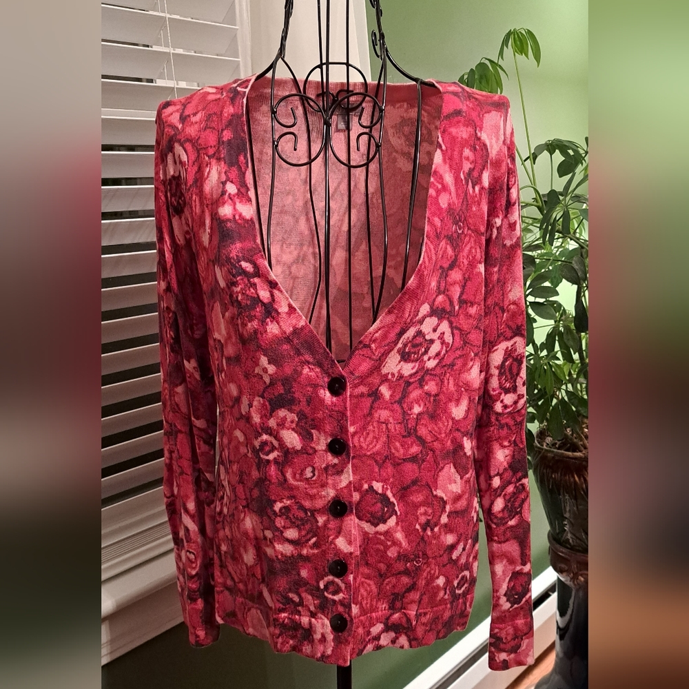 J.Jill red floral print cardigan sweater, petite small